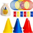 Ring Toss Game, Obstacle Course for Kids 3-5 & Birthday Party Games, Carnival Bean Bags for Tossing Gross Motor Toys for Toddlers 3-5, 12 Rings & 12 Bean Bags, 6 Cones for Kids, PE Equipment
