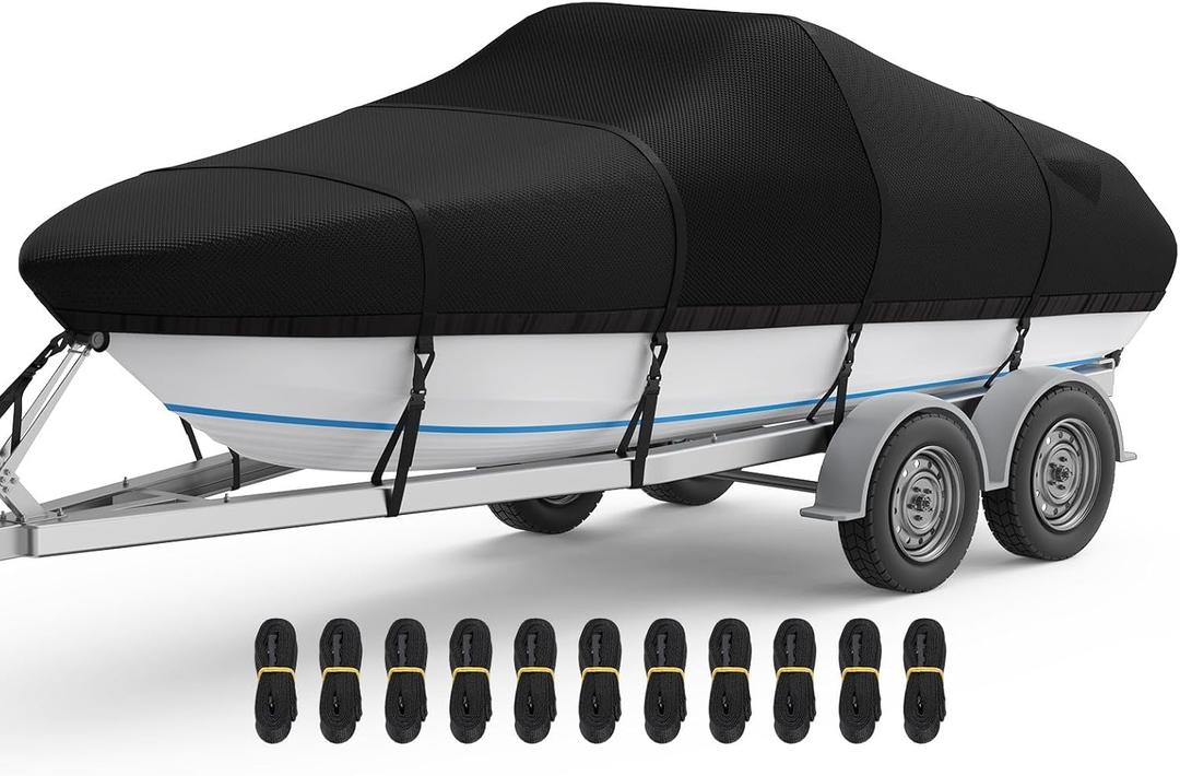 RVMasking Waterproof Boat Cover 20-22 ft, 1400D Heavy Duty Middle Reinforced Marine Grade Trailerable Cover, Fits 20'-22' V-Hull Tri-Hull Bass Boat Runabout Fish Ski Boat with Storage Bag, Black (20'-22' Long, Beam Width to 100")