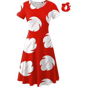 Maisolly Halloween Womens Cosplay Short Sleeve Hawaiian Lilo Pelekai Costume Hawaiian Knee Length Dress XS, Red Leaf