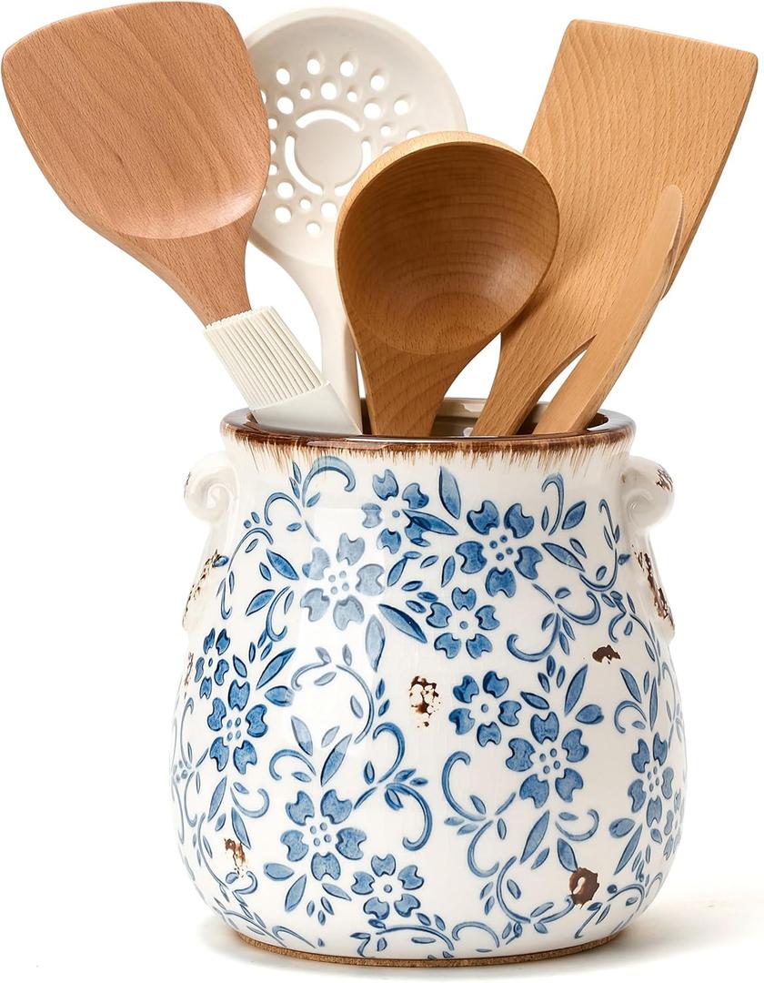 Utensil Holder for Kitchen Counter, Modern Farmhouse Rustic Cooking Utensil Holder and Crock, Exquisite Chinoiserie Floral Ceramic Utensil Organizer for Home Kitchen Decor- Blue and White Porcelain