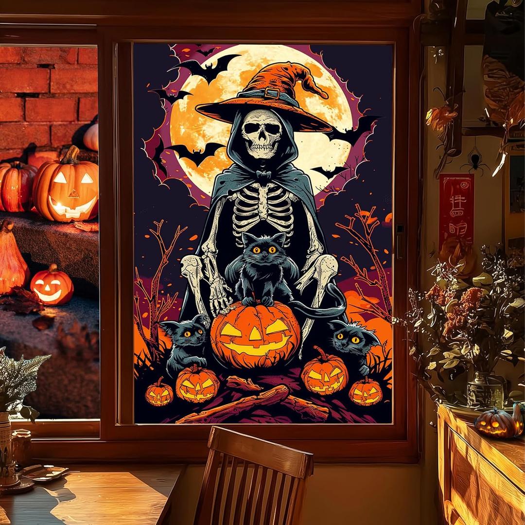 HOMETITUTE Halloween Window Film 31x47 Inch Skeleton Cat Pumpkin Witch Skull Moonlight Scene Decorative Privacy Windows Sticker Spooky Window Film for Halloween Party Glass Door Decor