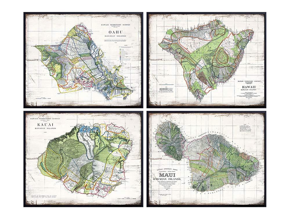 Rustic Hawaii Wall Decor Set - 8x10 Vintage Hawaiian Islands Decoration of Maui, Kauai, Oahu for Beach House, Ocean Home, Living Room, Office, Bedroom - Unique Gift for Tropical Art Fans - UNFRAMED
