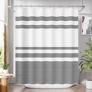 AmazerBath Shower Curtain, Striped Black Fabric Shower Curtain Set with 12 Shower Curtain Hooks, Rustic Cloth Black and White Curtain, Farmhouse Bathroom Shower Curtain Sets, 72x84 Inches