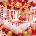 Anniversary Decorations, Happy Anniversary Banner, Hanging String Hearts, Red and Gold Balloons, Love Balloon, Red Silk Rose Petals for Wedding Bridal Shower Bachelorette Party Decorations