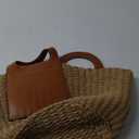 Summer Beach Bag, Hand Made Straw Beach Bag Basket Leather Stitching Tote Bag, Large Capacity Designer Handbags for Vacation Travel Daily(Khaki)