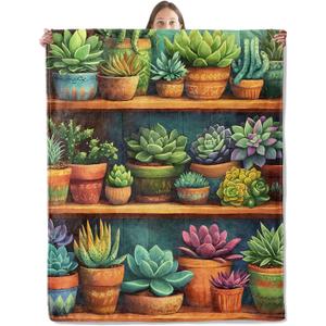 Colorful Succulent Blanket, Cozy Plant Throw Blanket for Couch Bedroom Outdoor, Lightweight Soft Flannel Travel Blankets, Gifts for Women Adults Kids, Home Cabin Garden Decor 50"x60"