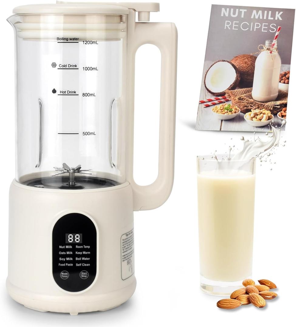 Nut Milk Maker, 8 in 1 Homemade Automatic Plant-Based Milk, Soy Milk, Almond Milk, Oat Milk, Coconut Milk & More, Multifunctional/12 Hours Timer/Auto-Clean/Room Temp/Keep Warm/Boil/Room Temp/Low-Noise (Creamy)