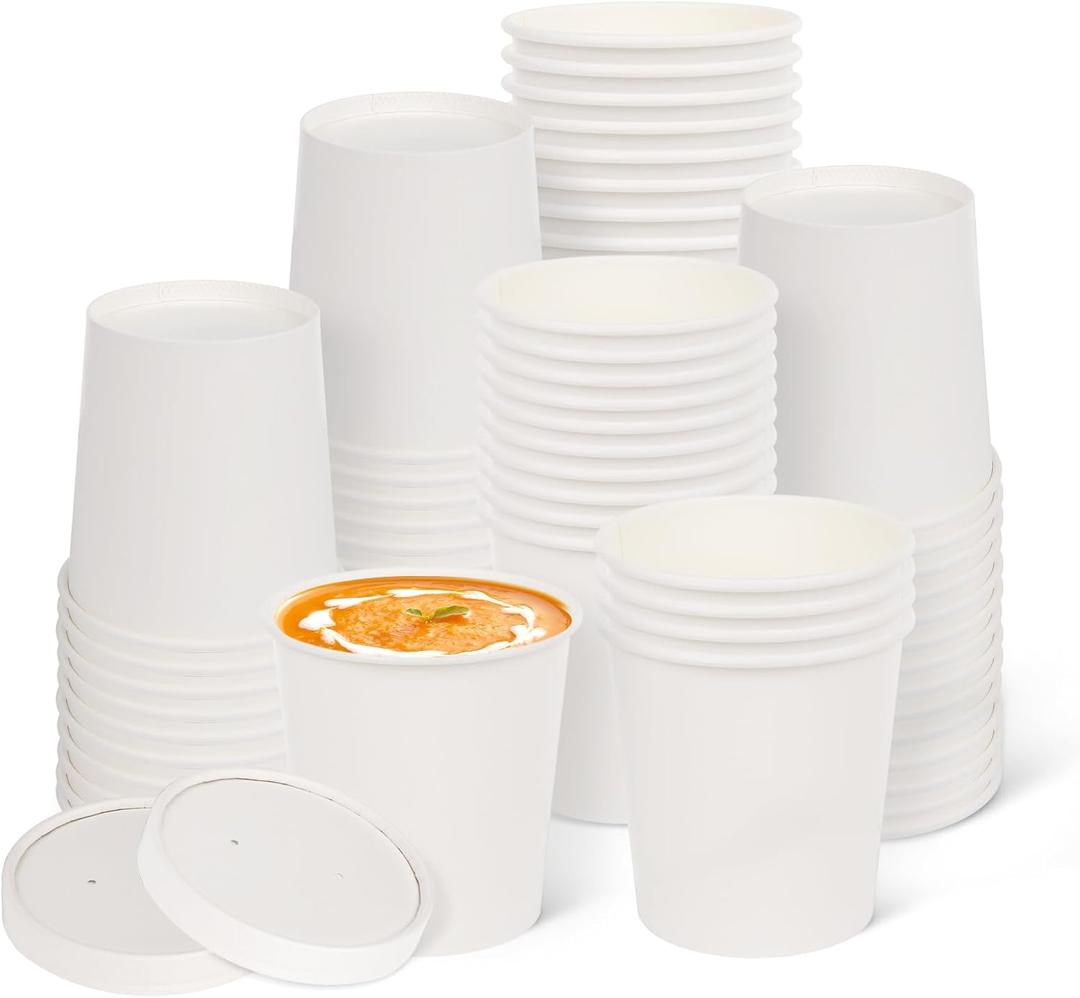greensight 12oz Disposable Bowls With Lids, 75 Pack Paper Soup Bowls, To Go Hot Soup Bowls, Heavy Duty Serving Bowls For Hot/Cold Food (White)