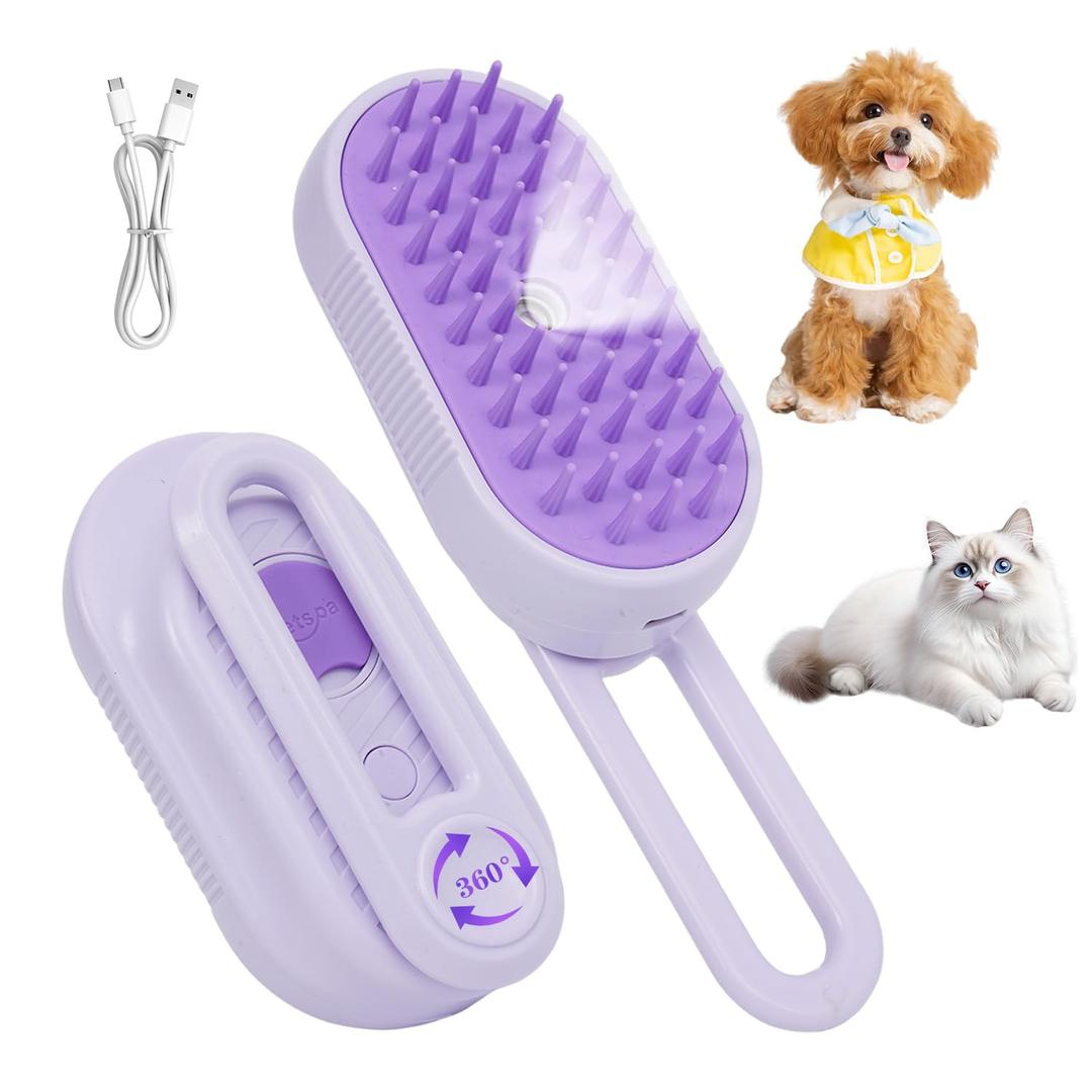 4-in-1 Rechargeable Anti-Dandruff Pet Steam Brush  brush for sheddingCats & Dogs,pet hair removal tool. Integrating functions of massage,clean, hair grooming and anti-static (purple) 4-in-1 Rechargeable Anti-Dandruff Pet Steam Brush  brush for sheddingCats & Dogs,pet hair removal tool. Integrating functions of massage,clean, hair grooming and anti-static (purple)