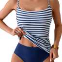 Eomenie Women's Swimsuit Tankini Tummy Control Bathing Suits Two Piece Full Coverage Slim Swim Suits with High Waisted Bottom (Medium, Blue and White Printed)