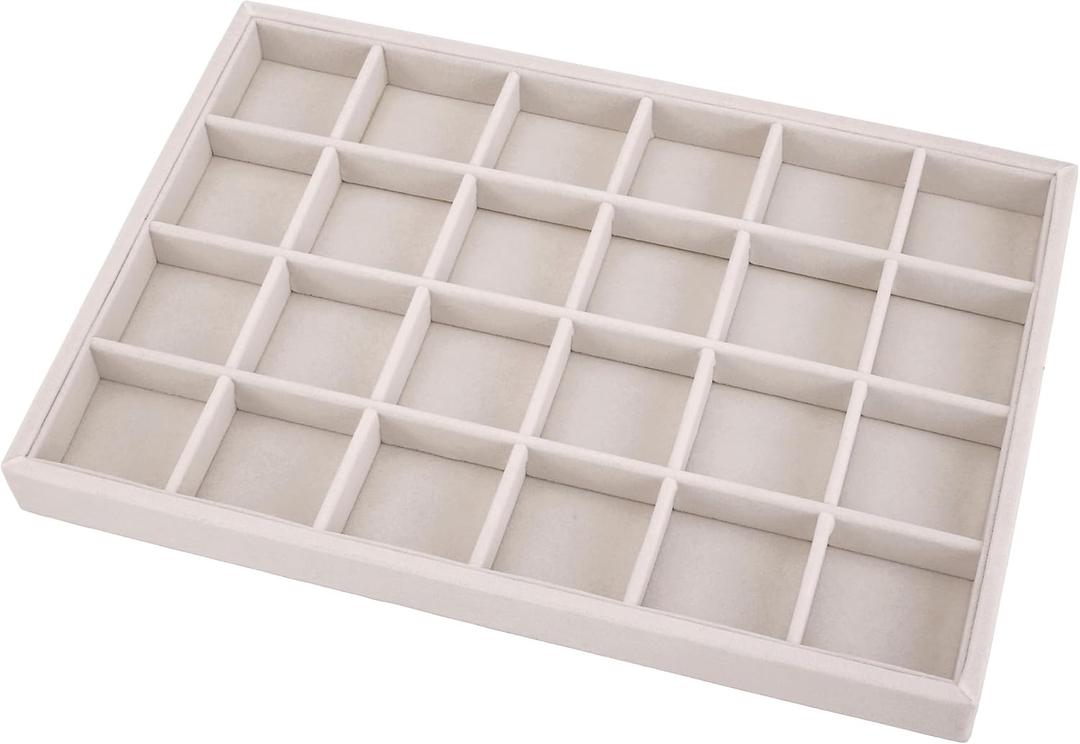 Mornajina 24 Grids Velvet Jewelry Tray Jewelry Display Tray, Stackable Empty Plate Trays for Earrings Necklaces Bracelet Rings Display Showcase - Beige (24 Grids 13.8"x9.5")