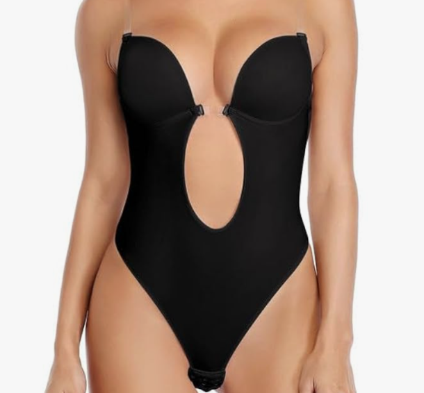 SHAPERIN Women's Backless Body Shaper Bra U Plunge Seamless Low Back Thong Shapewear Deep V Full Body Bodysuit M