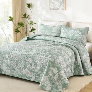 WONGS BEDDING Quilts King Size, Green Quilt Bedding Set with 2 Pillowcases, Botanical Quilt for Queen Bed, Soft Microfiber Lightweight Coverlet Bedspread for All Season (110"×90", 3 Pieces)