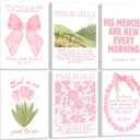 6Pcs Framed Trendy Pink Christian Canvas Wall Art Bible Verses Preppy Posters Coquette Pink Bow Biblical Painting Pictures Religious Scripture Prints for Girls Room Dorm Apartment Living Room Bedrom (16"Lx12"W)