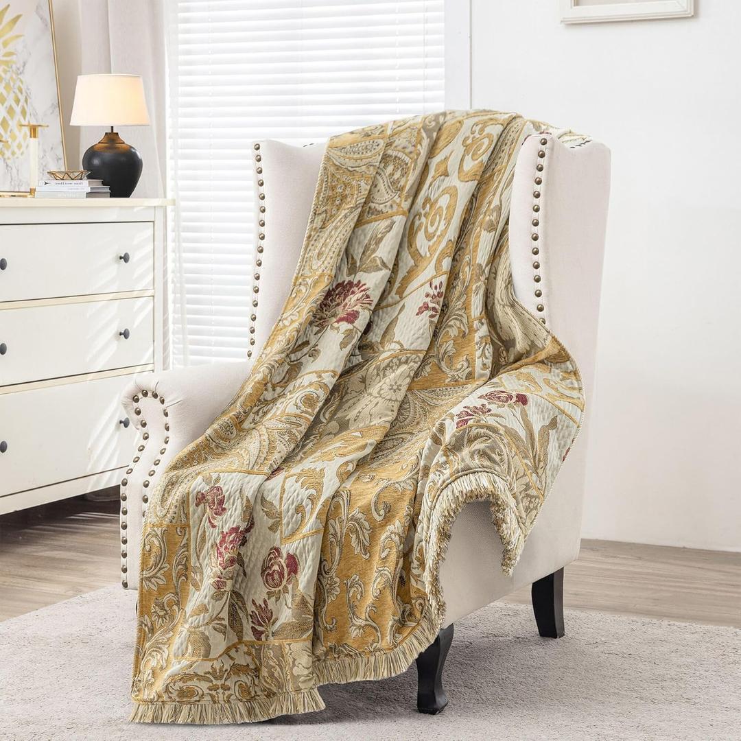 Loom and Mill Damask Patchwork Throw Blankets for Bed, Jacquard Floral Throws with Fringes Trim, Soft Lightweight Velvet Lined Throw Blanket for Sofa Couch Chair All Seasons(Beige Yellow, 52x72)