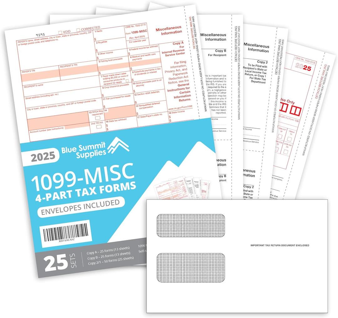 Blue Summit 1099 MISC Forms 2025 with Envelopes, 4 Part Tax Forms Kit, 25 Vendor Kit of Laser Forms, Compatible with QuickBooks and Accounting Software, 25 Self Seal Envelopes Included