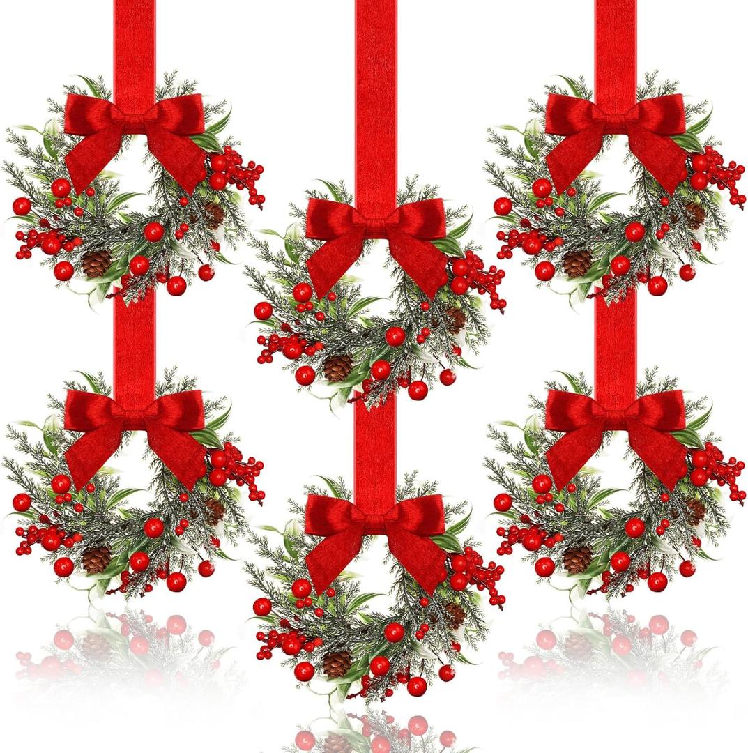 Dingion 6 Pcs 6" Christmas Mini Cabinet Wreaths for Kitchen with Ribbon Bows Red Berry Small Window Wreath for Window Door Farmhouse Christmas Party Decorations (Stylish Style)