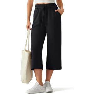 G4Free Pajama Pants Women Capri Pants with Pockets High Waist Drawstring Pull on Summer Pants Casual Lounge Sweatpants(Black, L, Regular)