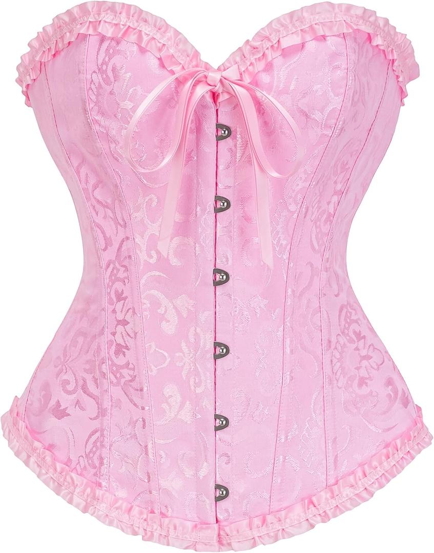 Bustier Corset Top for Women | Overbust Lace Up Waist Cincher Shapewear Lingerie (X-Small, Pink)