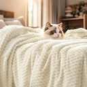 PHF Ultra Soft Flannel Fleece Throw Blanket, Lightweight 3D Jacquard Fleece Blanket, No Shedding, No Pilling, Luxury 340GSM Aesthetic Fluffy Cozy Throws for Couch Room Decor, 50"x60", Cream