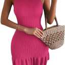 MakeMeChic Women's 2025 Summer Dress Casual Crochet Ribbed Knit Ruffle Hem Sleeveless Bodycon Tank Mini Dresses Pink S