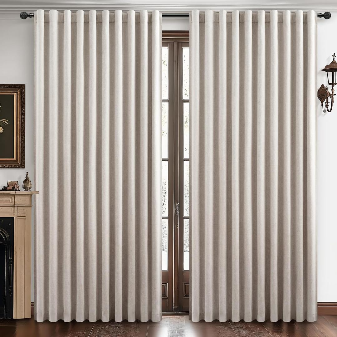 Extra Wide 70 Inch Blackout Curtains 96 Inches Long for Living Room, Rustic Boho Room Darkening Textured Linen Pleated Dining Room Office Insulated Ceiling Track Window Drapes 70"W x 96"L 2 Panels