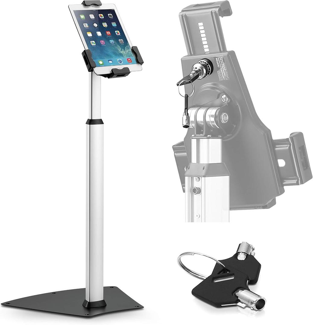 Pyle Anti-Theft Tablet Security Stand Kiosk-Heavy Duty Aluminum Metal Floor Standing Mount Tablet Case Holder Display w/Height Adjustable Pole,Fits iPad Mini 2 3 4 Air Samsung Tablets-Pyle PSPADLK60, Size: ‎14.25 x 3.25 x 25.25 inches