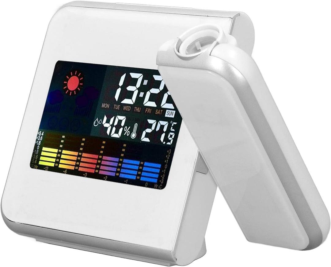 Digital Projection Alarm Clock, Weather Station with Temperature and Humidity, Dual Alarm for Bedrooms and Outdoor, Large LCD Screen, White