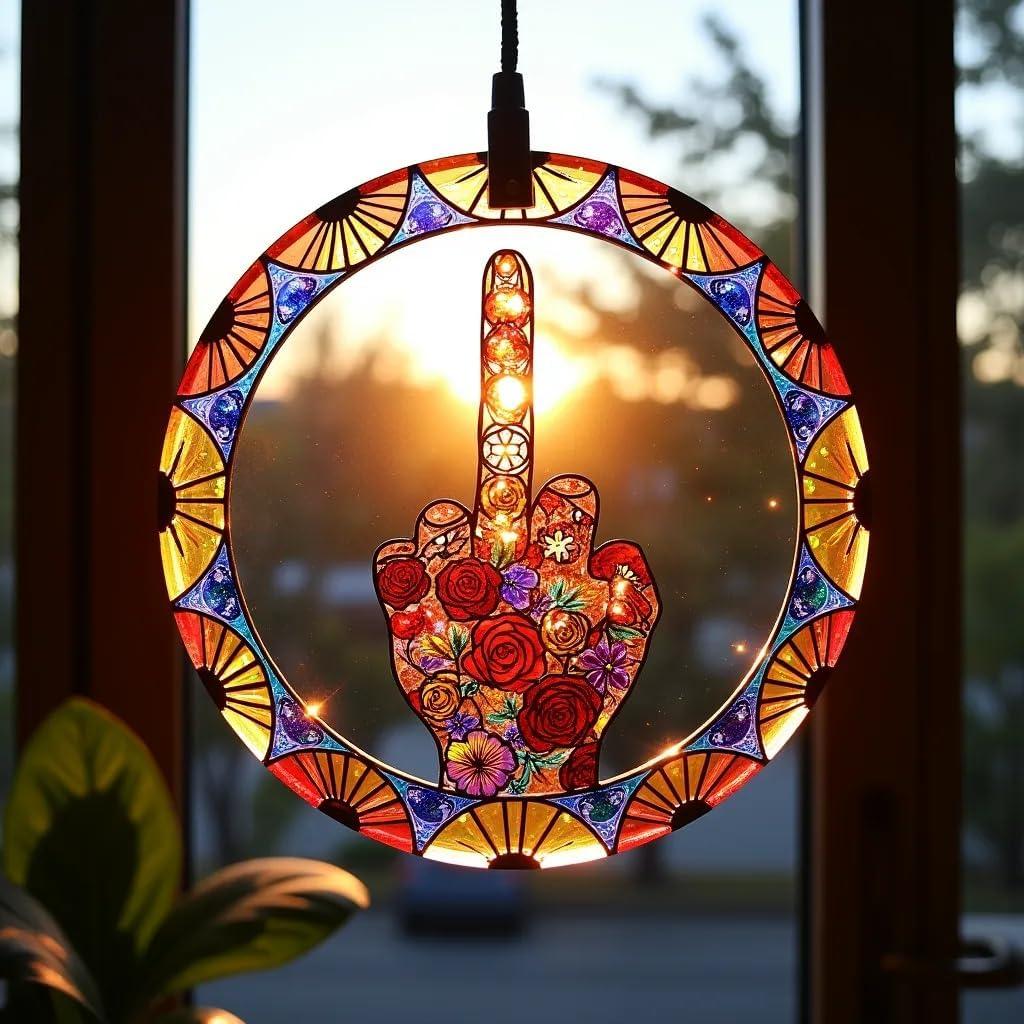 Middle Finger Suncatcher Color Stained Glass Window Hanging, Handmade Acrylic Funny Light Sun Catcher Indoor Outdoor Wall Hanger Ornament, Hand-Painted Glass Panel Decor for Home Office (E)