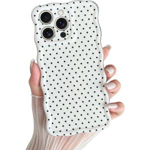 Yeddabox for iPhone 15 Pro Case Cute Wavy Polka Dot Phone Case Soft TPU Slim Shockproof Phone Cover for Women Girls, White