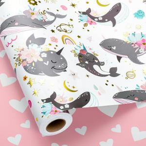 Yarcony Girl Baby Shower Wrapping Paper, Pink Kid Birthday Gift Wrapping Paper, Reversible Girly Ocean-Themed Whale Rainbow New Baby Gift Wrap for 1st Birthday, Children Celebration(17 Inch X 33 Feet)