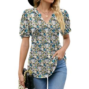 LOMON Womens Summer Tops 2025 Trendy Short Sleeve V Neck T Shirts Casual Dressy Loose Pleated Basic Tunic Blouse (2XL, Black+blue Floral-02)