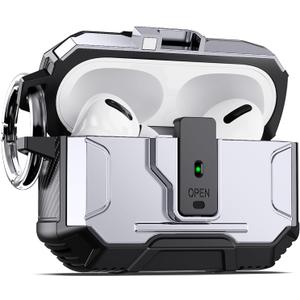 DASFOND Armor Earphone Cover Case for Airpods Pro 2, Military Grade Full Body Shockproof Protection Hard Case, Support Wireless Charging with Keychain, Magnetic Lid, Front LED Visible, Silver