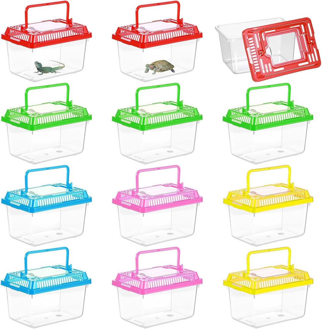 12Pcs Plastic Reptile Terrariums Carrier Cage Snake Breeding Box Hatching Container Clear Fish Tank with Ventilated Lid for Spider, Tarantula, Hermit Crab, Lizard, Turtle (5.1" x 3.5" x 3.5")