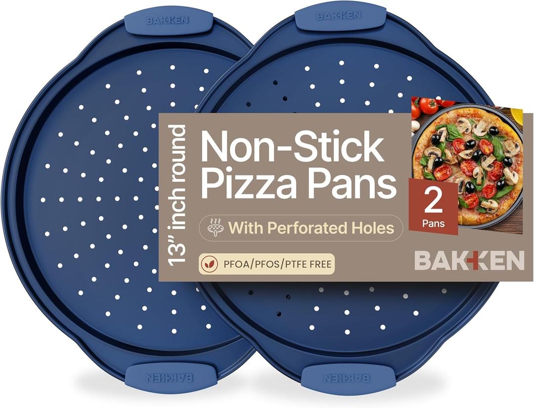 Bakken Pizza Baking Pan - Round Perforated Carbon Steel Pan with Non-Stick Marble Coating, Oversized Silicone Handle, Dishwasher Safe, High-Temperature Resistant, Durable & Easy Cleanup Blue, 2 Pack