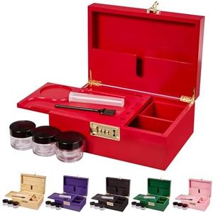 Lockable bamboo storage box with removable tray and partitioned wooden decorative storage box, including jars, brushes (red)