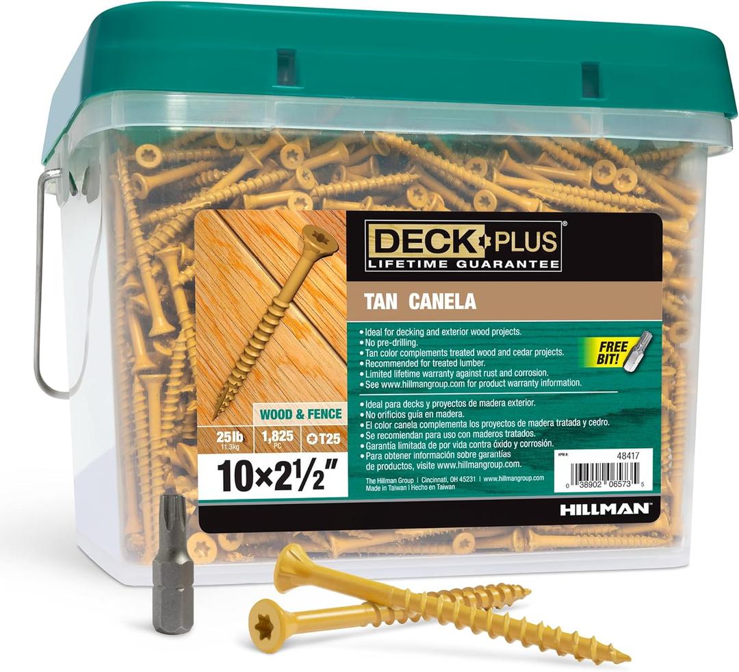 Deck Plus 48417 Exterior Wood Screws, #10 x 2-1/2", 4-Layer Epoxy Coated, Torx/Star Drive Included, Coarse Thread, Decking Screws, Outdoor Rust Resistant, Tan, 1825pcs