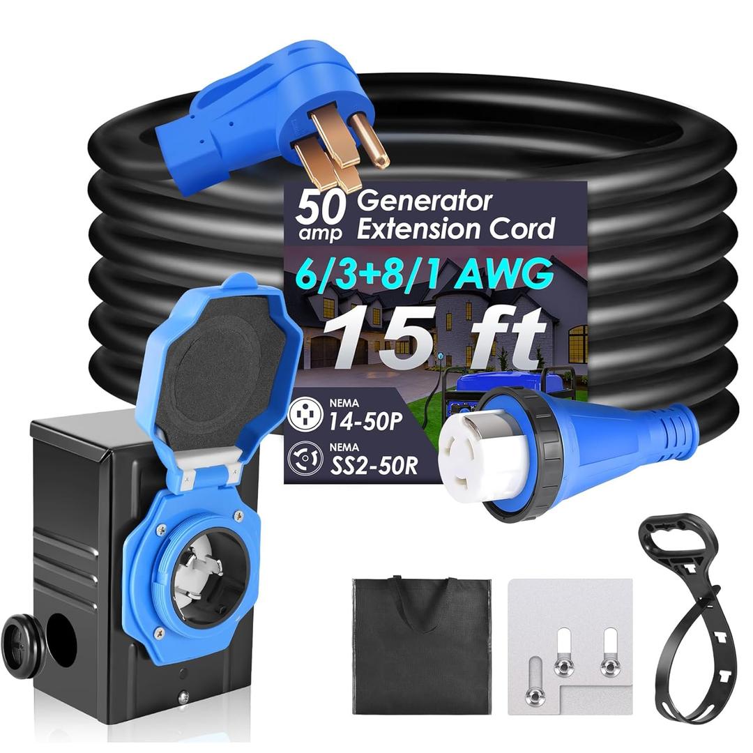Seeutek 50 Amp Generator Cord, 4 Prong 15 FT Generator Extension Cord with Pre-drilled Power Inlet Box & Interlock Kit, NEMA 14-50P/SS2-50P Functional Cable, High Conductivity, ETL Listed (Black+Blue 50amp)