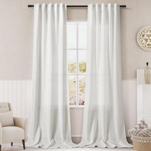 Solid Off White Curtains 96 Inches Long 2 Panels Back Tab Sheer Linen Curtain Modern Farmhouse Coastal Decor White Cotton Textured Gauze Curtains 96 inch Length for Patio Sliding Door Office Bedroom