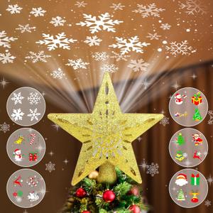 Christmas Tree Topper Projector Lights with 6 Projection Modes, Gold Star Christmas Tree Topper with Built-in LED Projector, Dynamic Projection for Christmas Party Holiday Decoration