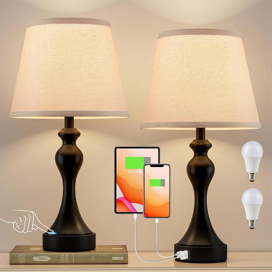 Seealle Touch Lamps for Nightstand - Bedside Lamps Set of 2, 3 Way Dimmable, USB C+A for Bedroom & End Tables (LED Bulbs Included)