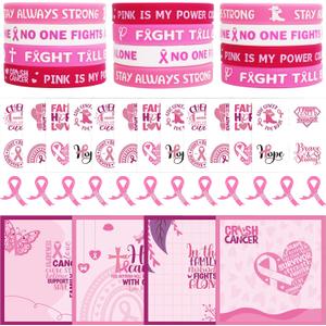 2 x Fancy Land Pink Ribbon Pins Breast Cancer Bracelets Bulk Cards Temporary Tattoos Set for October Awareness Month Women Girl Charity Events Accessories Survivor Gifts 12Pack