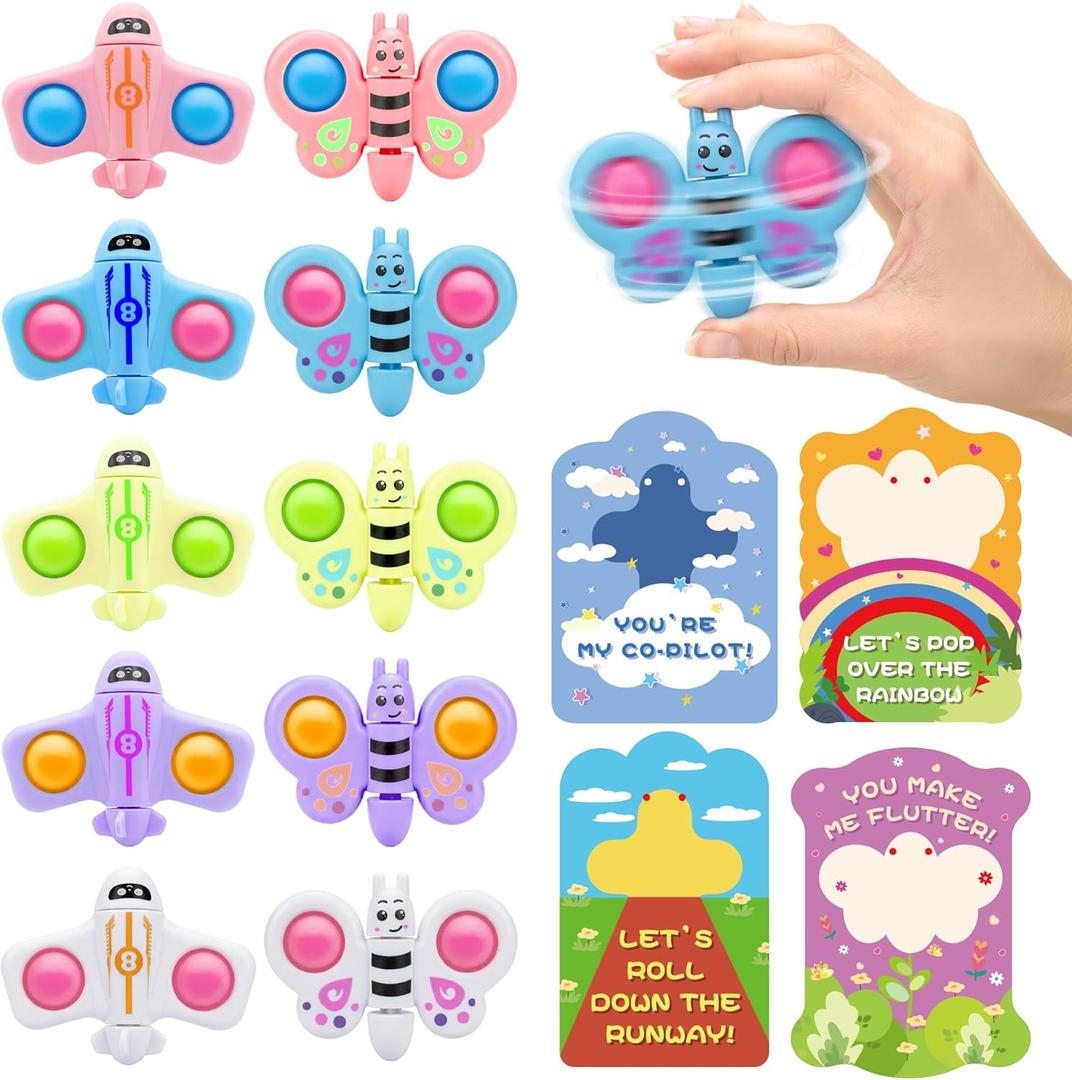 Valentines Day Cards for Kids School  28 Pack Fidget Spinner Pop-It Toys with Airplane & Butterfly Valentines Greeting Cards, Classroom Exchange Valentines Gifts, Bulk Set for School Valentines Party
