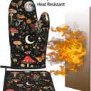 Cute Mushroom Oven Mitts and Pot Holders Sets of 3, Heat Resistant Black Hot Pads Oven Gloves with Hanging Loop for Cooking Grilling Baking, Boho Kitchen Decor, Witchy Gifts for Women Mushroom Lovers