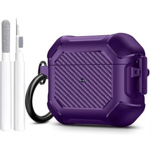 Maxjoy for Airpods 3rd Generation Case, Carbon Fiber Secure Lock Clip Full Body Shockproof Hard Shell Protective Apple for Airpods 3 Case Cover with Keychain for AirPod 3rd Gen 2021 for Men, Purple