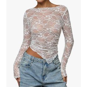 WDIRARA Women's Sheer Mesh Lace T Shirts Boat Neck Long Sleeve Asymmetrical Crop Tops Large