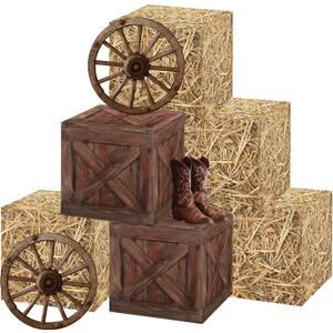 Western Hay Bales Boxes Decor - 9 Pcs Cowboy Party Decorations Supplies Hay Bale Boxes Wooden Boxes Wheel Cards Cowboy Boot Card For Farm Trunk Treat Car Hay Bales Wagon Rodeo Birthday Party
