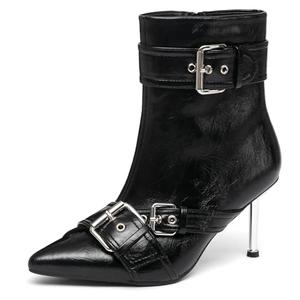 NEWBELLA Women's Faux Leather Ankle Boots - Fashion Stiletto Heel Short Boots with Metal Buckle Decoration, Edgy Chic Booties for Night Out & Parties, Black 7.5