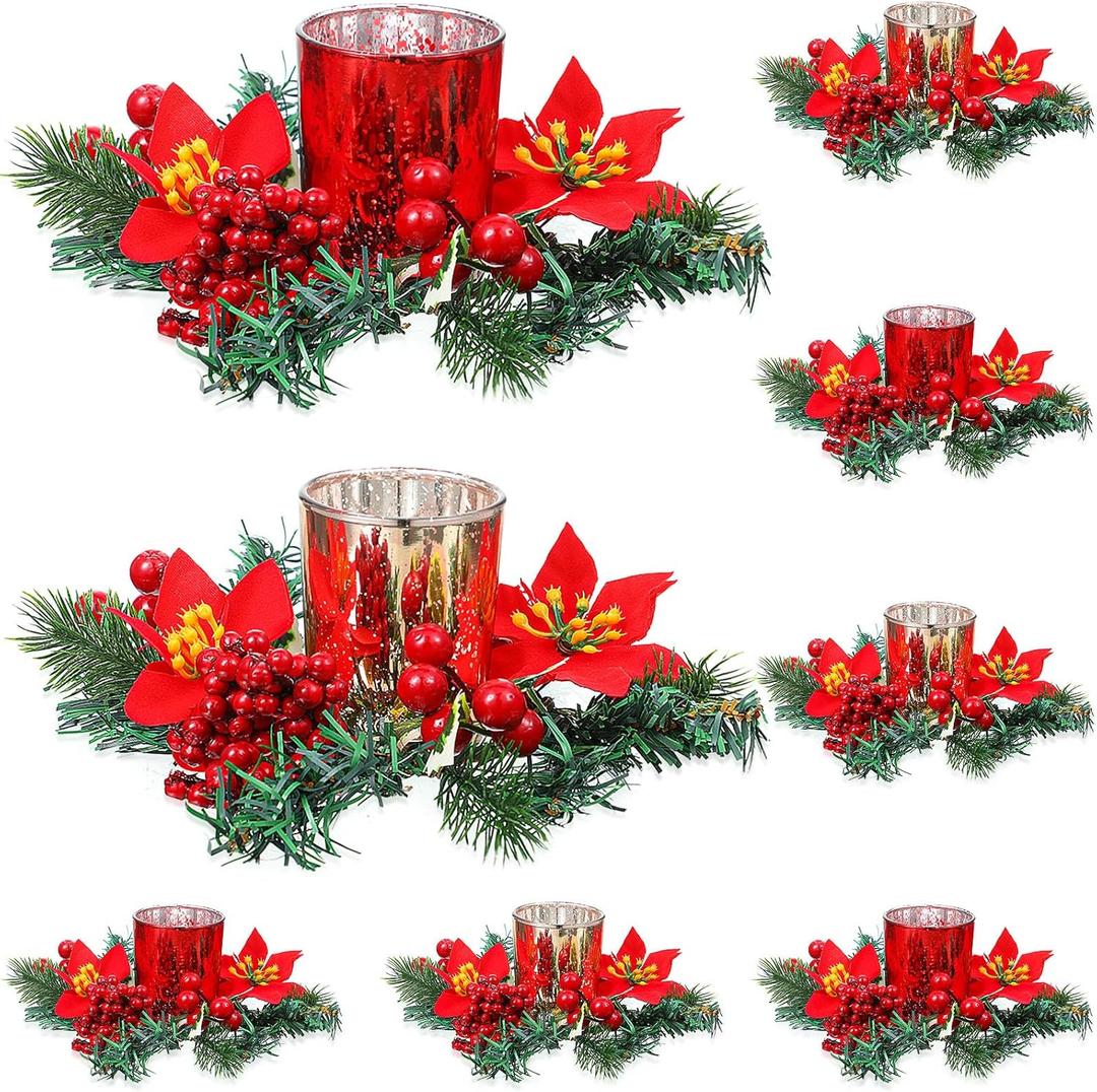 Ceenna Set of 16 Christmas Candle Rings Wreaths Pine Garland Red Berry Poinsettia and Artificial Berries Pine Garland Candle Ring Holder for Christmas Wedding Home Table Centerpiece Party