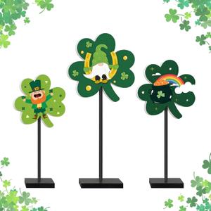 Yquqwn 3 Pcs St. Patrick's Day Decorations - Shamrock Wooden Sign Table Centerpieces, Lucky Irish Green Clover Freestanding Wood Signs for Home Kitchen Tiered Tray Decor, St. Patty's Day Party Gifts
